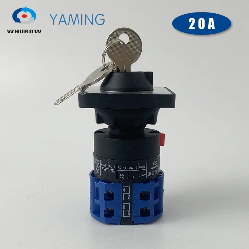 YMW26 LW26-20YS3/2S Single Hole With Key Universal Selector Two Poles 2 Positions 0-1 OFF-ON Power Supply 20A Rotary Cam Switch