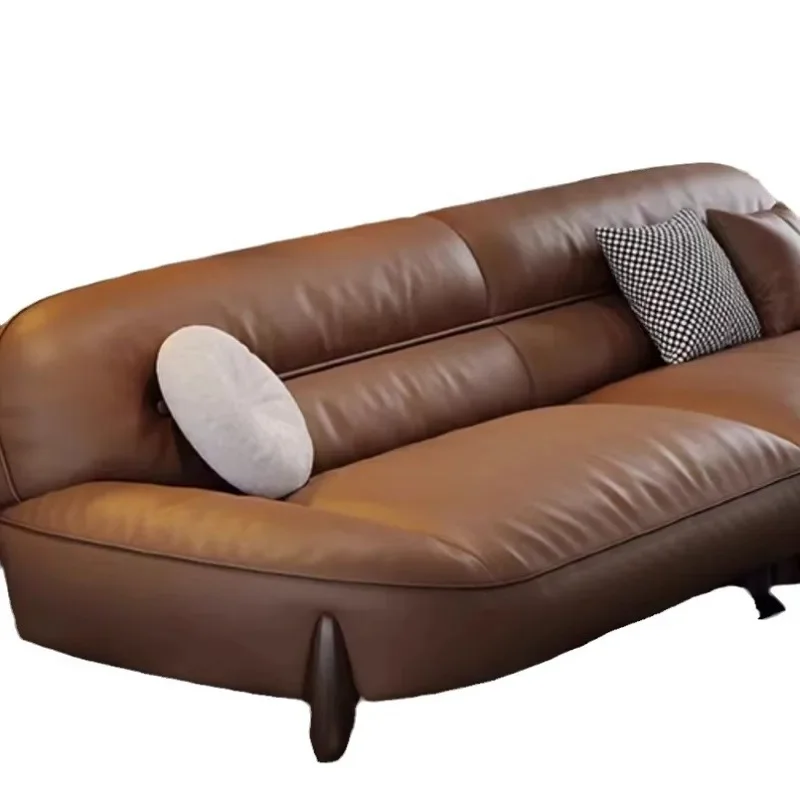 

Italian minimalist leather sofa, retro size apartment living room, special-shaped inline combination khaki brown sofa
