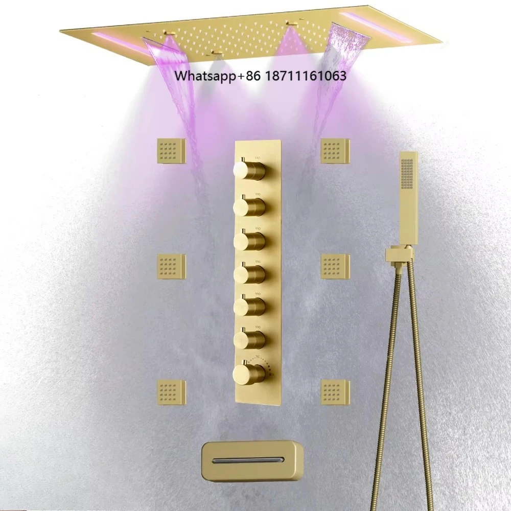 

Luxurious Brass Brushed Gold LED Shower Head Set 20x14 Inch Rain Mist Waterfall Shower System Thermostatic Mixer Tap Apartment