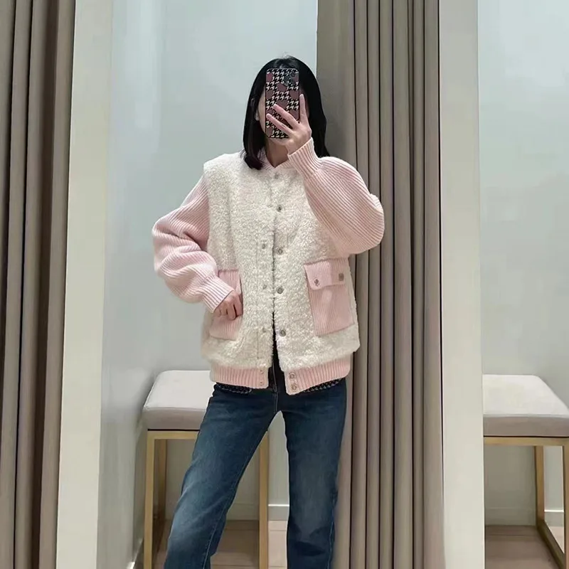 M Home 2023 otoño nueva mujer Faion Anti-piel de cordero tejido largo Sve empalme prendas de vestir exteriores rosas Ele Sle Color puro