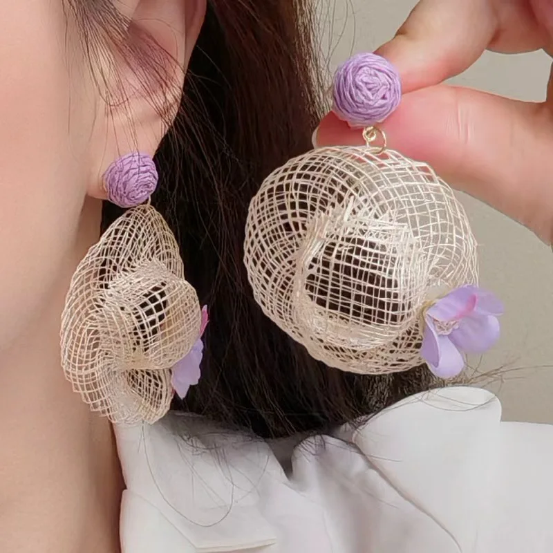 Seaside Vacation Travel Temperament Versatile Earrings Summer Atmosphere Sweet Flowers Hand Woven Straw Hat Earrings for Women