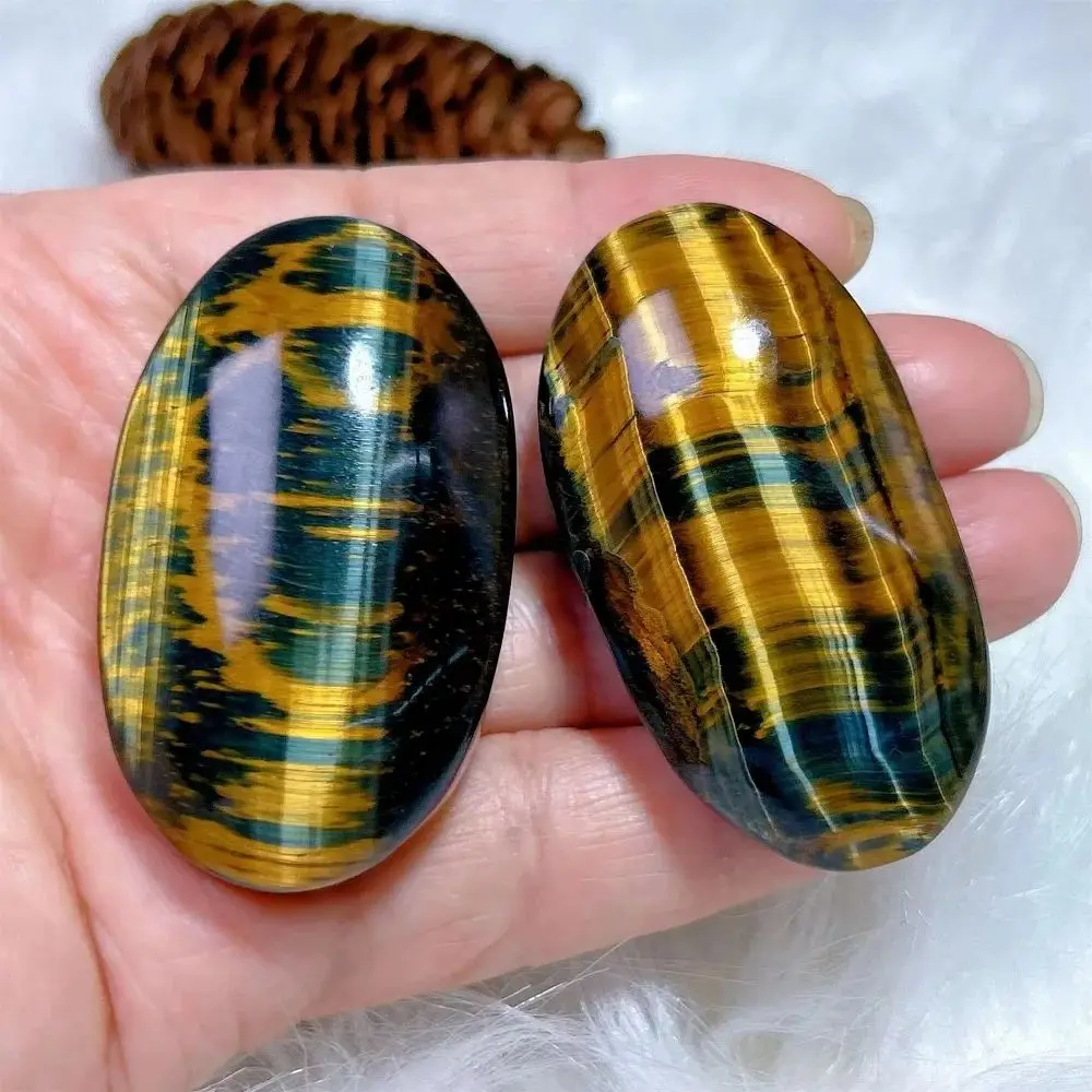 Natural Tiger Eye Palm Stone Blue Yellow Stripes Crystals Pocket Stones Gemstone Healing Crystal Quartz Craft for Decoration