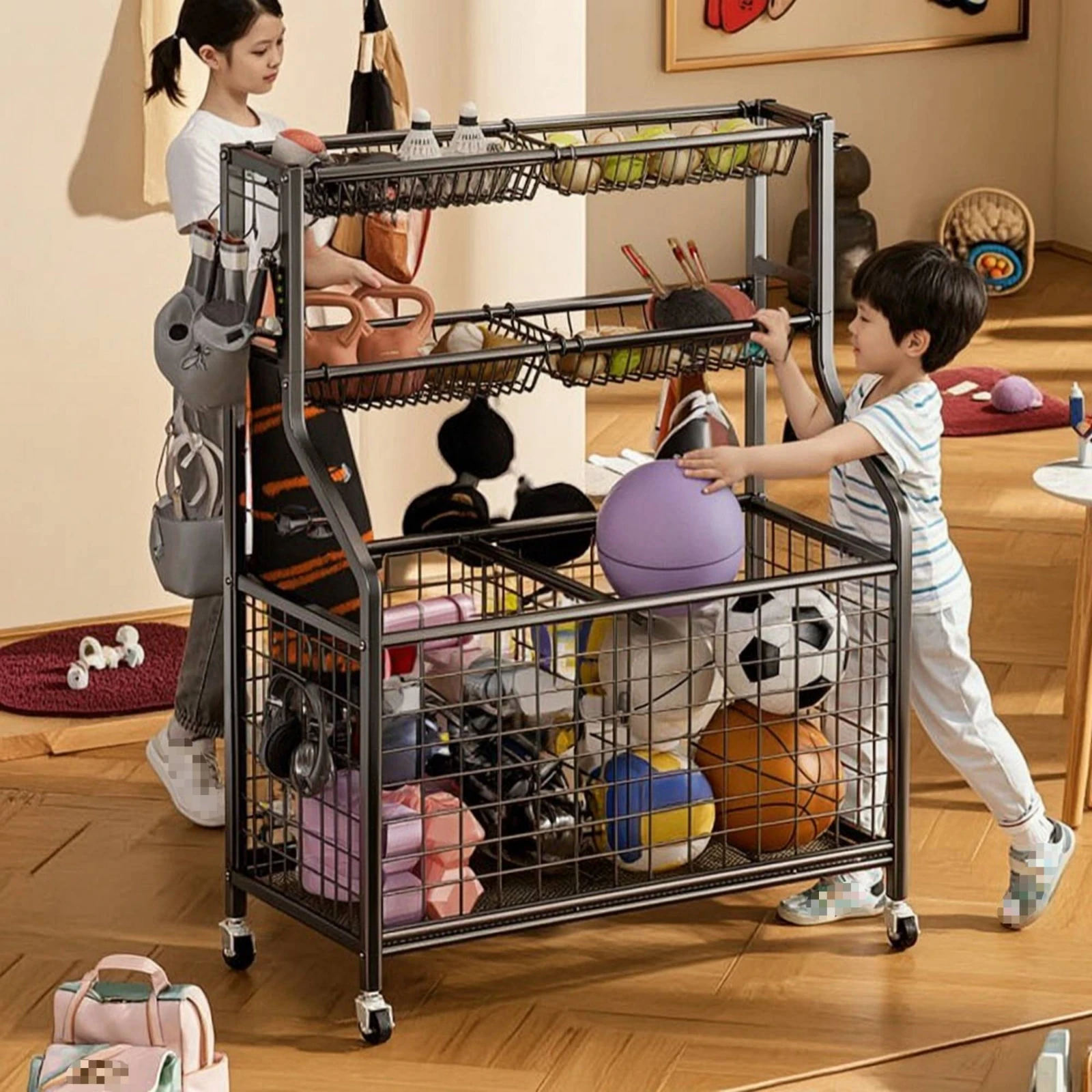 Sports Equipment Cart - ローリングスポーツボール収納カート メッシュボール収納ラック バスケットとフック付き スポーツ用品オーガナイザー 簡単アクセス