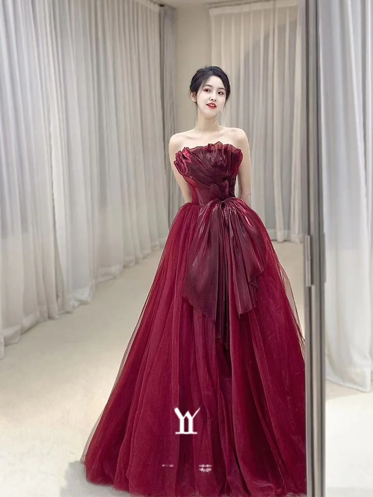 

Red High-End Evening Gown Strapl New 2025 Wedding Dr Luxury Light Sake Suit Bridesmaid mid Waist Floor Length Dr
