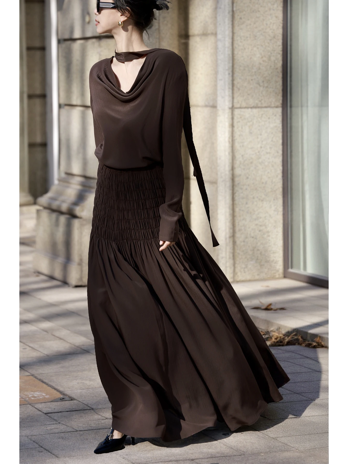 

FANNIU High Intelligence Artistic Long Sleeve Shirt with Sash Pleated Neck Design Spring Fashion Women's Silk Blend Dress