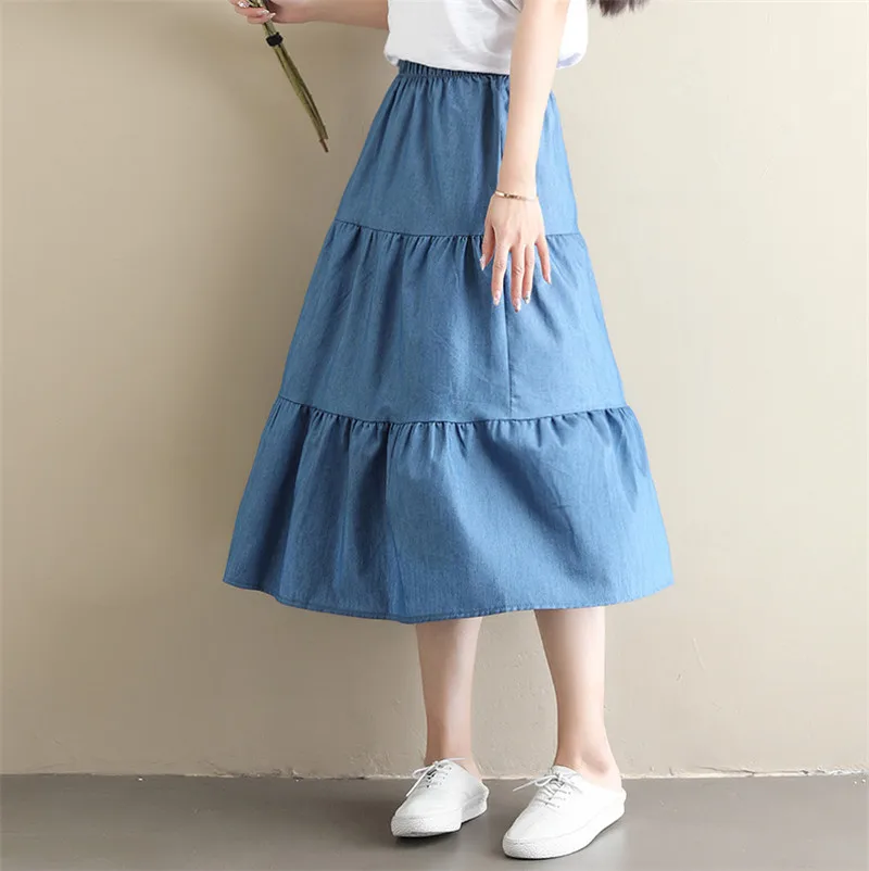 2026 Spring Summer Ruffled pleated jeans skirt Women\' long Skirt High Waist Denim Skirts black blue jeans skirts vintage clothes