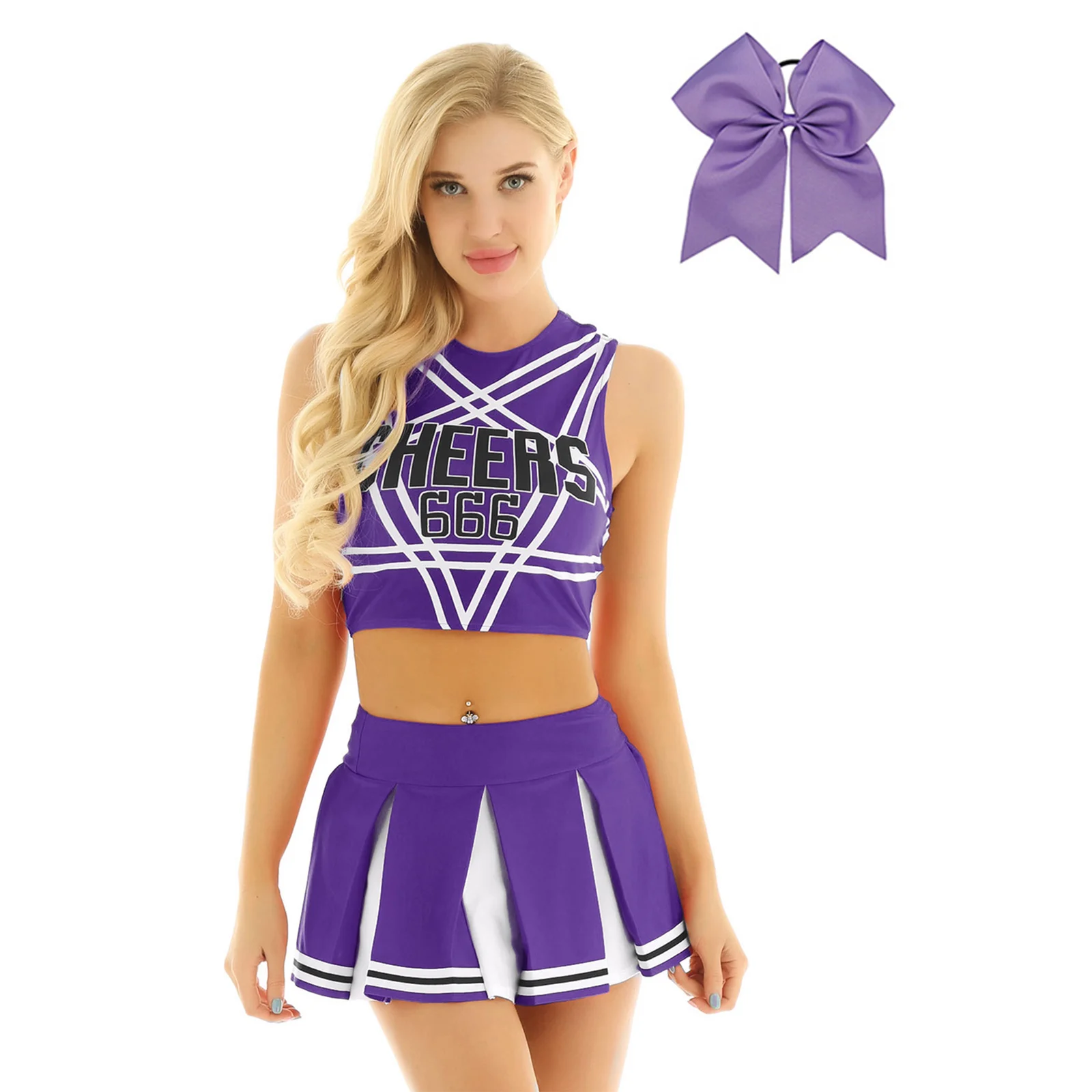 Women School Girl Cheer Dance Uniform Cheerleader Costumes Outfits Top Mini Pleated Skirt Bowknot Hairband Cheering Teamwear