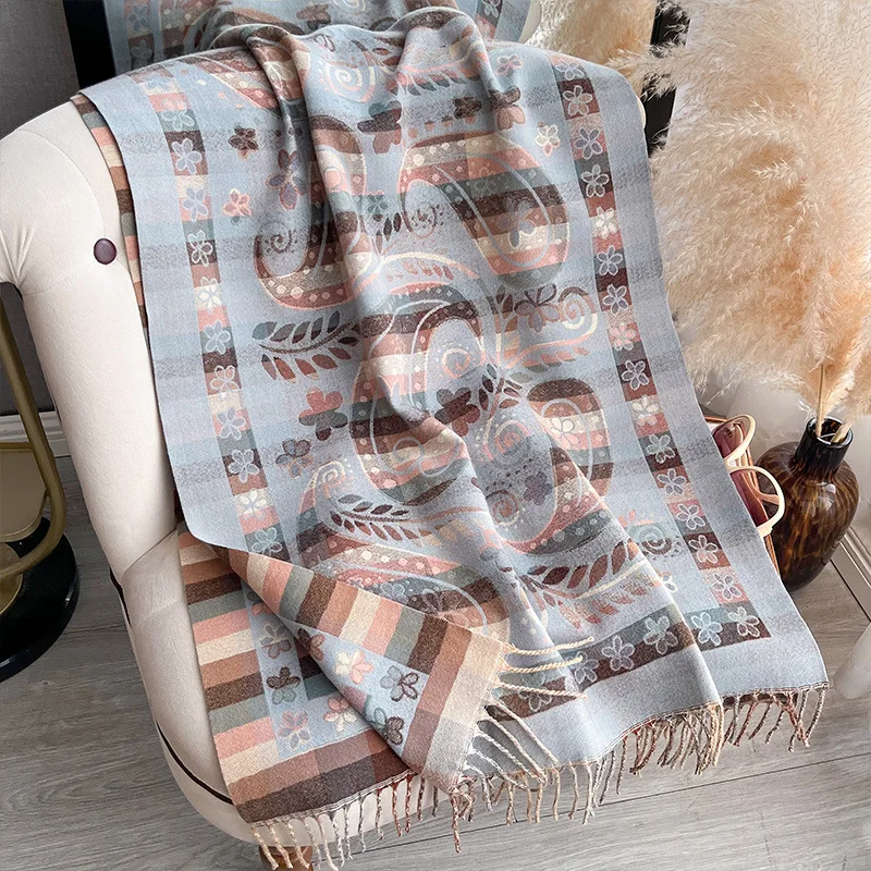 Women Paisley Floral Stripe Print Scarf Shawl Double Sided Imitation Cashmere Large Thick Warm Wrap Autumn Winter Neck Accessory
