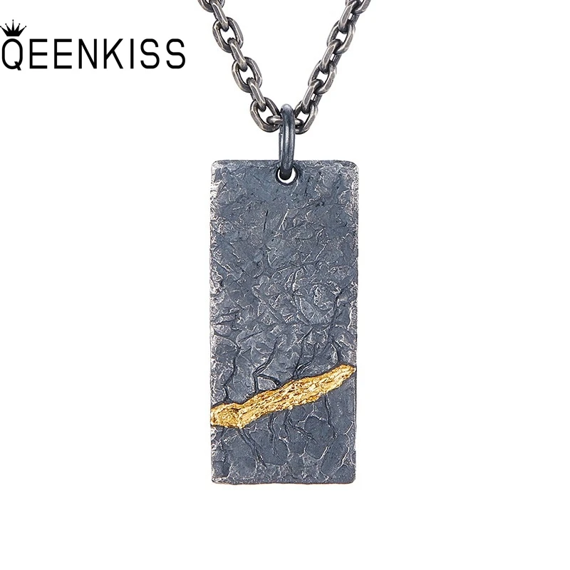 

QEENKISS 925 Sterling Silver Vintage Rectangle Necklace Pendant For Men Party Birthday Wedding Christmas Father Boy Gifts PT663