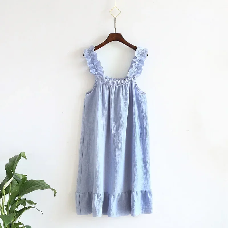 Ladies Summer Cotton Yarn Pure Cotton Thin Suspender Nightdress Loose Mid-length Sweet and Lovely Long Home Dress Camisola Sexy