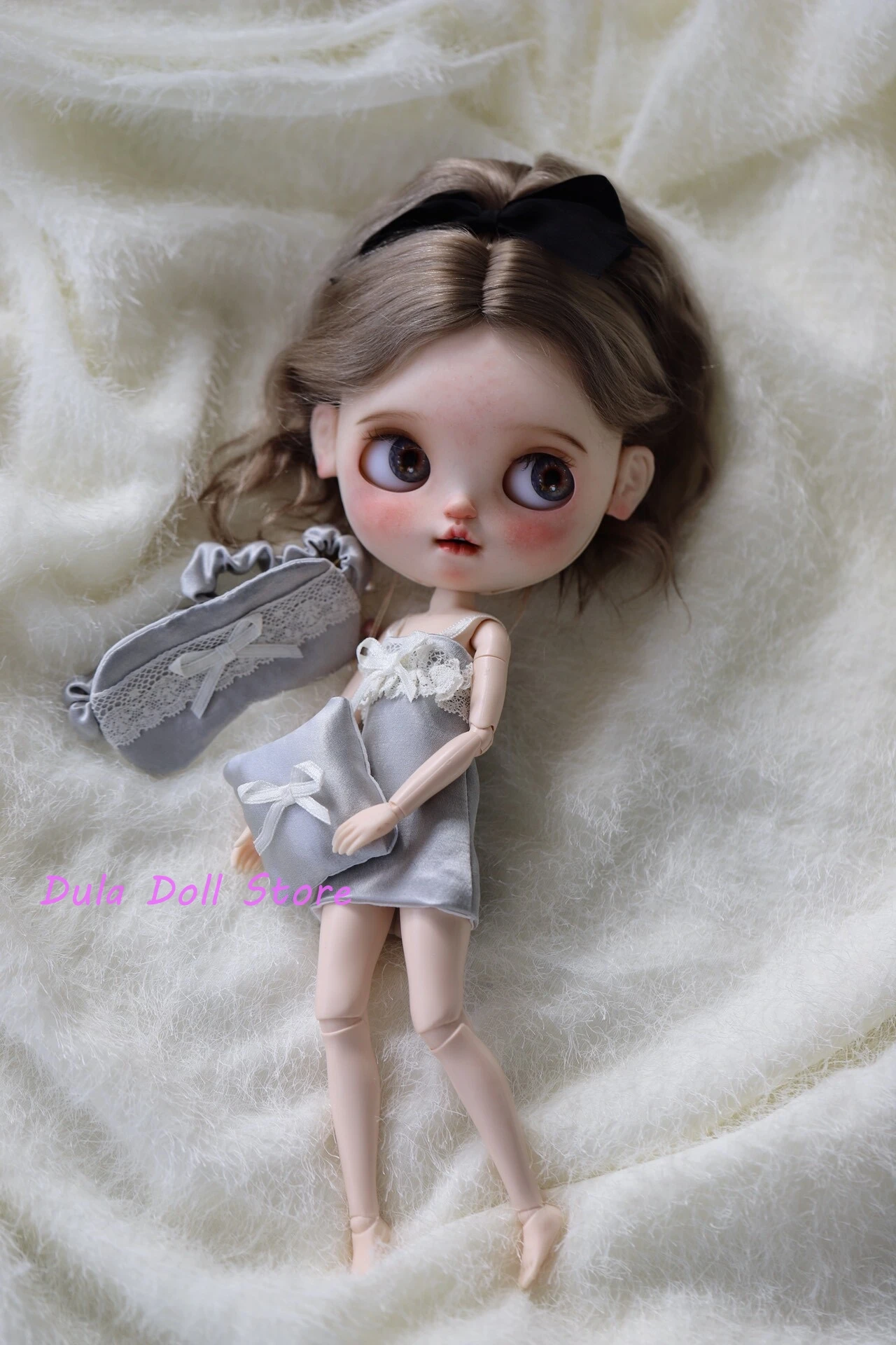 S Dula Doll Clothes Abito in vero pizzo di seta e maschera per gli occhi per Blythe Landazz Landoudou ob24 ob22 Bjd Doll