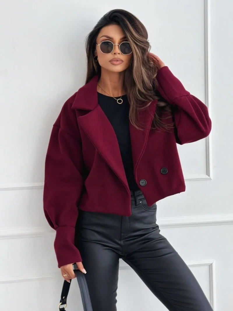 Ležérní kardigan bunda s klopovým límcem, stylový dámský podzimní zimní kabát, krátký odkládací kabát pro denní nošení, jednobarevný, volný střih, ale - náhled 5