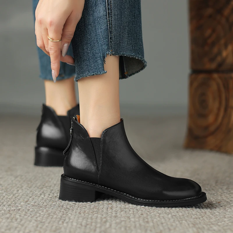 2024 New Autumn Women Boots Round Toe Chunky Heel Leather Boots Genuine Leather Women Shoes Ankle Boots Genuine Leather  Ladies