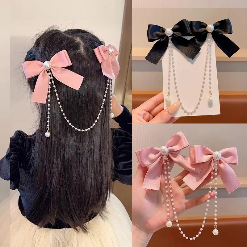 New Elegant Pearl Bow Tassel Hair Clips Solid Velvet Hair Claw Children Princess Hairpins Hair Accessories