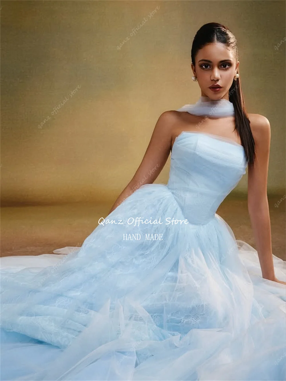 Qanz céu azul tule vestidos de noite uma linha rendas vestidos de fiesta elegantes 2025 tornozelo comprimento robe de soirée personalizado