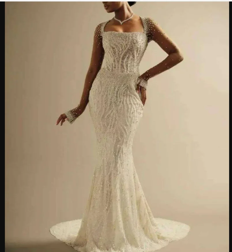 Customized Square Neck Shinny Beads Pearls Wedding Dress Vestidos De Novia Long Sleeves Bridal Gowns with Removable Skirt