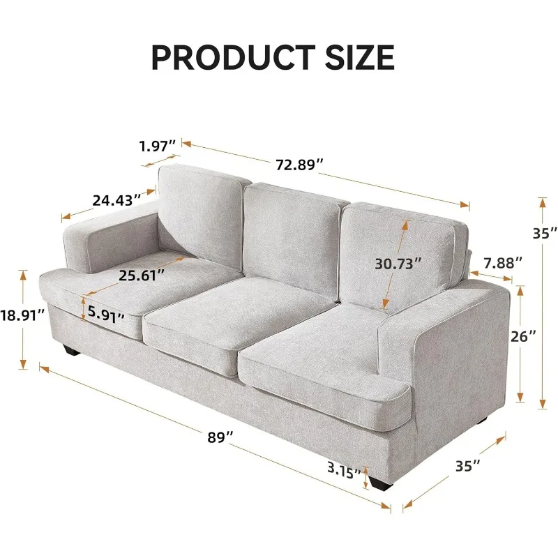 89 Inch Sofa, Morden Extra Deep Seat Couch for Living Room, Comfy 3 Seater Couches for Apartment, Office, Grey