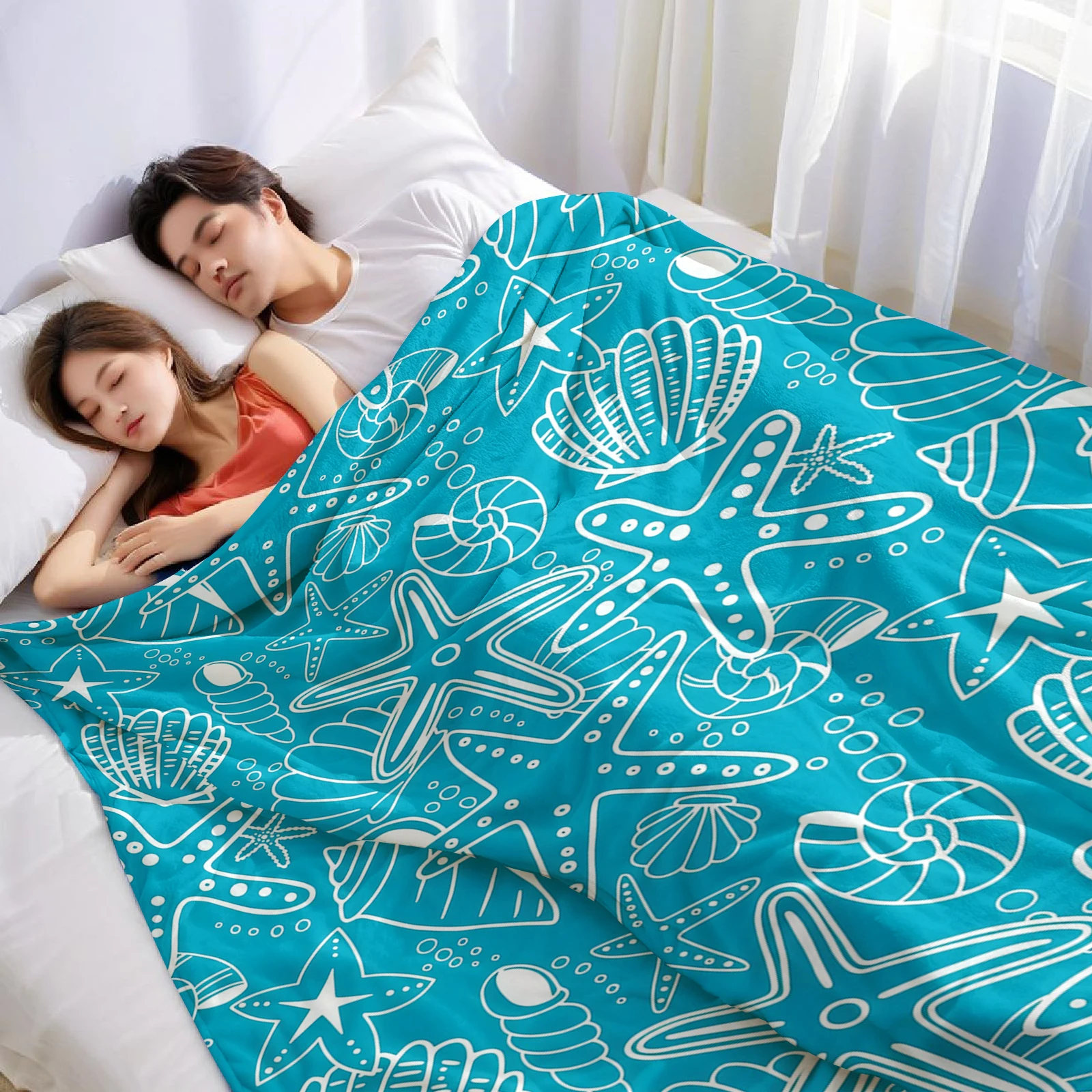 Ocean Shell Starfish Line Art Lightweight Microfiber Soft Christmas Fleece Blanket Warm Cozy Throw for Sofa Travel All Season