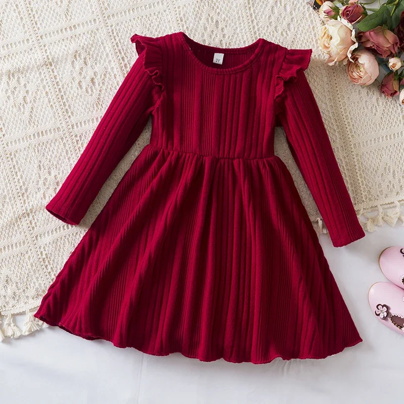 Vestido de princesa de manga larga para niña, suéter rojo de punto, ropa informal de Navidad, Otoño e Invierno