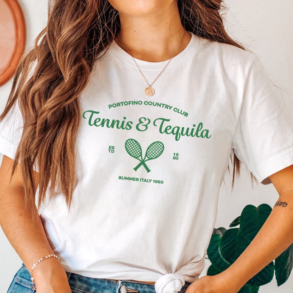 Vintage Tennis Tequila Summer Italy 1980 T-Shirt Portofino Tennis Women's Tee Graphic Tees Travel Trendy Women Clothes Aesthetic