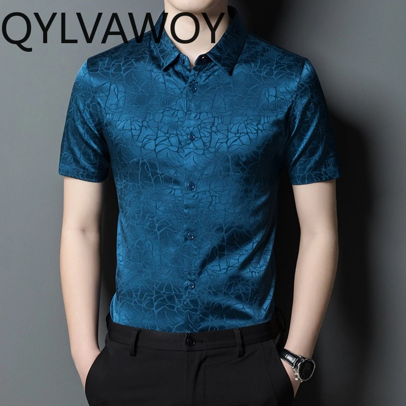 QYLVAWOY 92.4% Mulberry Silk Men's Shirts High Quality Shirts Jacquard Thin Shirts for Man Summer Camisas De Hombre Short Sleeve