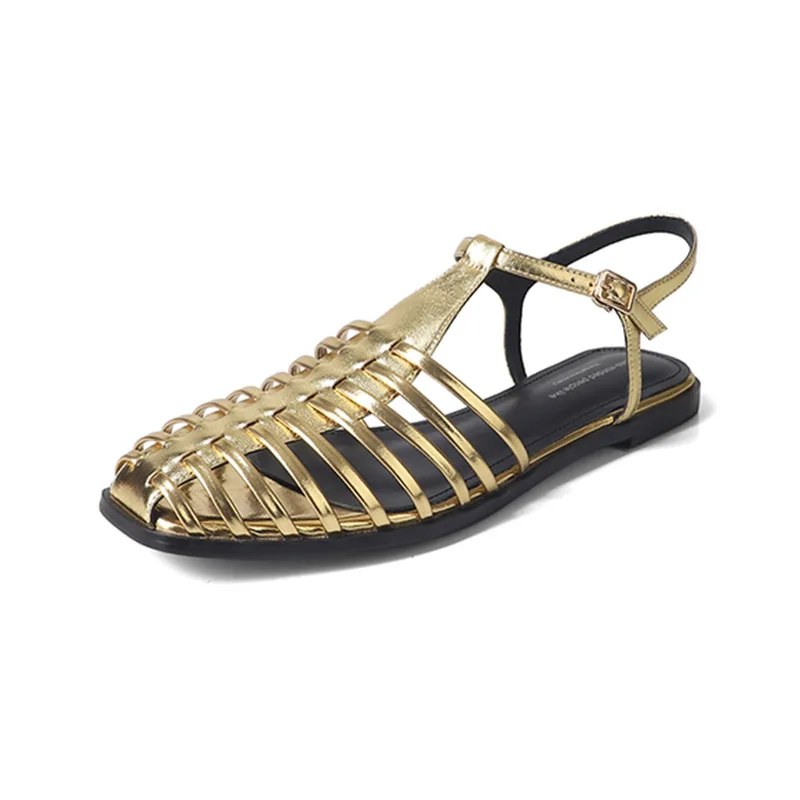 

Women Sexy Round Toe Party Gladiator Sandals Fashion Summer Flats Shoes split Leather Daily Dress Sandals gold silver FT5172