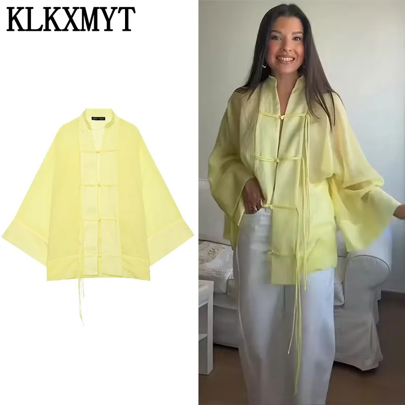 KLKXMYT Elegant Frog Button Blouse Sheer Wide Sleeve Loose Shirt Women 2026 Summer Office Casual Chic Breathable Women Top