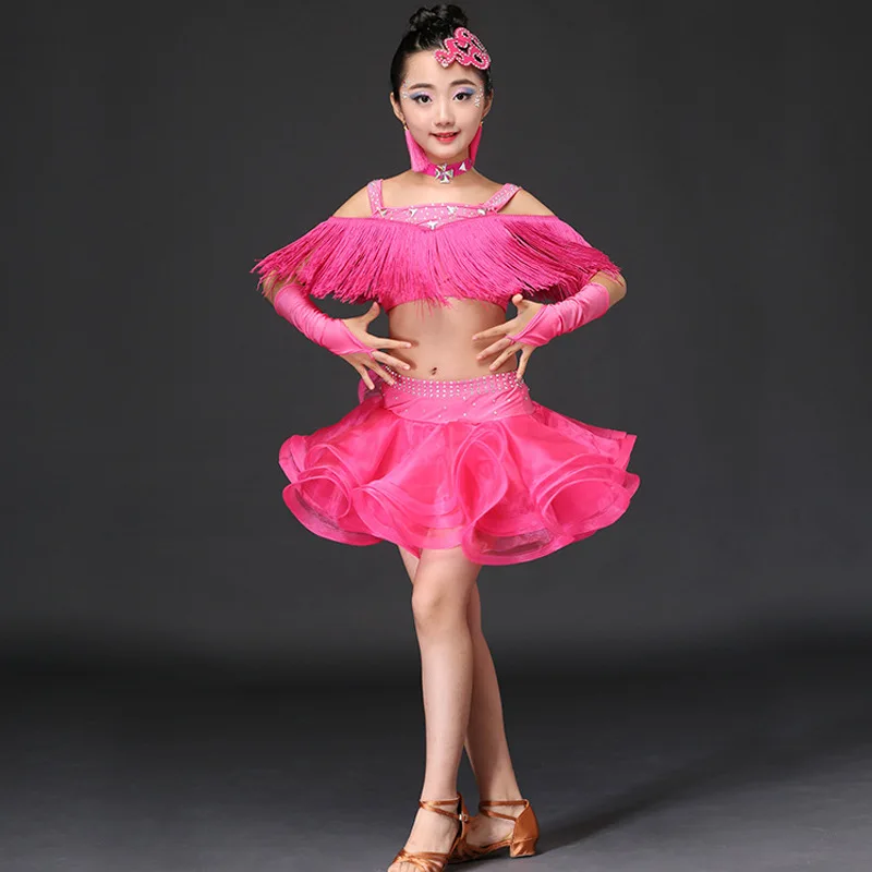 Set Diamond Fringe Tassels Latin Dance Dress Ballroom Costume Kids Latin Dress Costume for Girls Dance Competition Dancing Wear