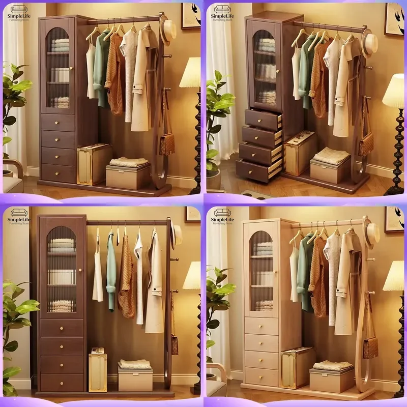 Modern Solid Wood Coat Rack with Storage Large Capacity Bedroom Bedside Hanger Simple Freestanding Clothes Stand Home