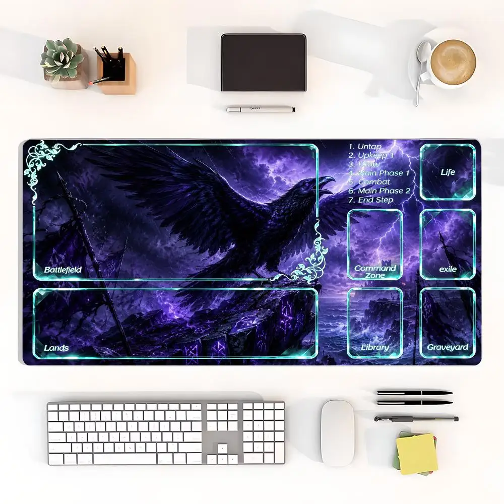 Spreading Wings Crow Playmat Purple Night Raven Gaming Mousepad Divided Zones Large Table Mat