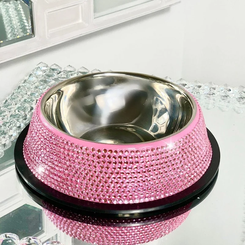 Stainless Steel Rhinestone Inlaid Pet Bowl Feeders For Dogs Color Random Pet Drinking Bowl Dogs Accessories Cat Accessories