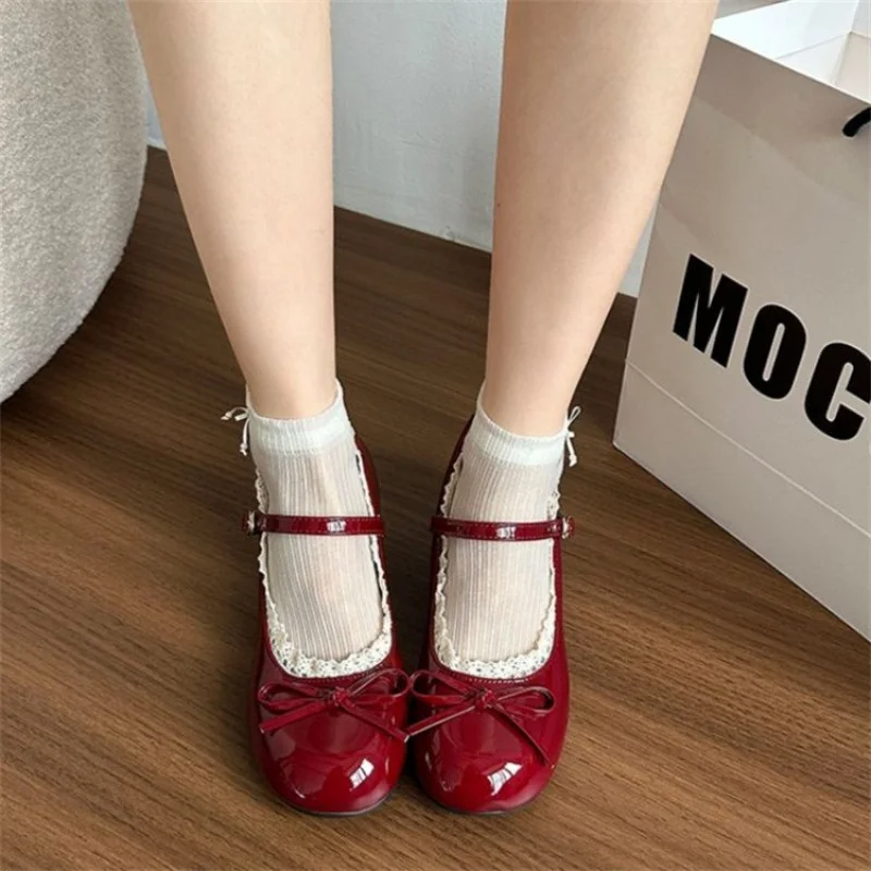 2026 Spring New Women's High-End Ballet Mary Jane Shoes Burgundy Bow Design Casual French Retro Commuter Shoes for Woman view 4