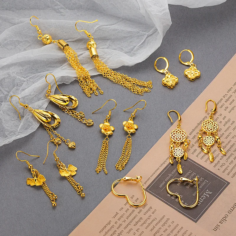 

Женские длинные серьги с кисточками и цветком, 24-каратное золото, AU999 | Потертое золото с тиснением лепестков, ароматные пожелания в деревенском стиле.