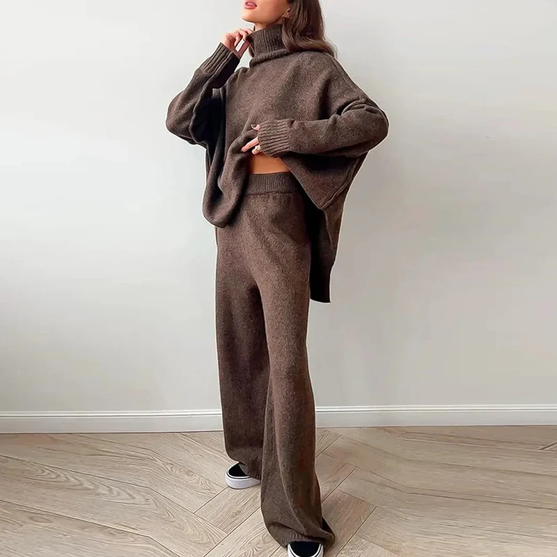 Autumn Winter Warm Outfit Women Solid Turtleneck Knit Sweater Set Oversized Long Sleeve Loose Top Pullover High Waist Pants Suit