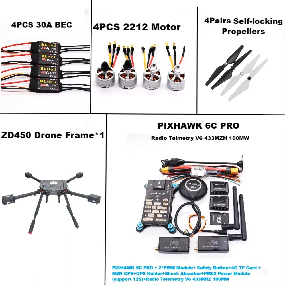 

PIXHAWK 6C PRO Flight Control M8N/M9N Комплект рамок из углеродного волокна 450 Ardupilot Радиотелеметрия Квадрокоптер BLHELI 30A 2212 Двигатель ES