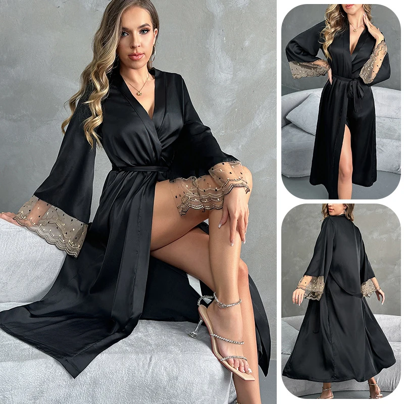 Full Sleeve Open Chest Mesh Cuffs Long Night Robes for Woman Bow Tie Soft Silky Satin Women's Nightgowns Sleepwear Black