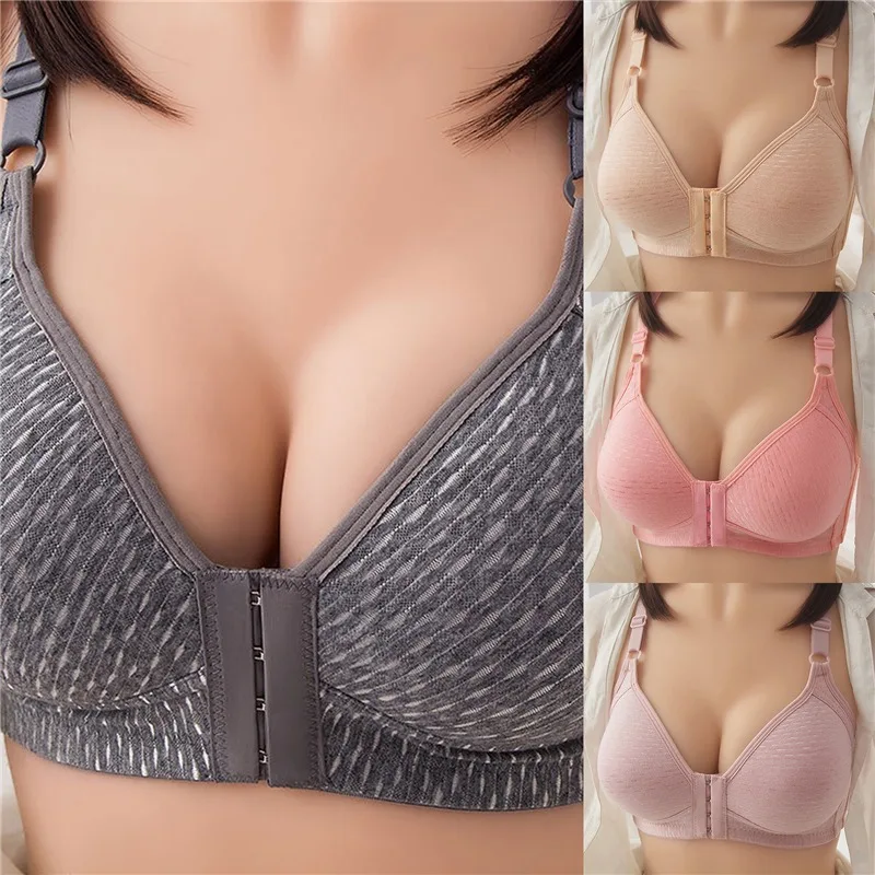 Women Underwear Front Buckle Large Size Bras Solid Color Brassiere Wireless Bralette Seamless Middle Aged Bra