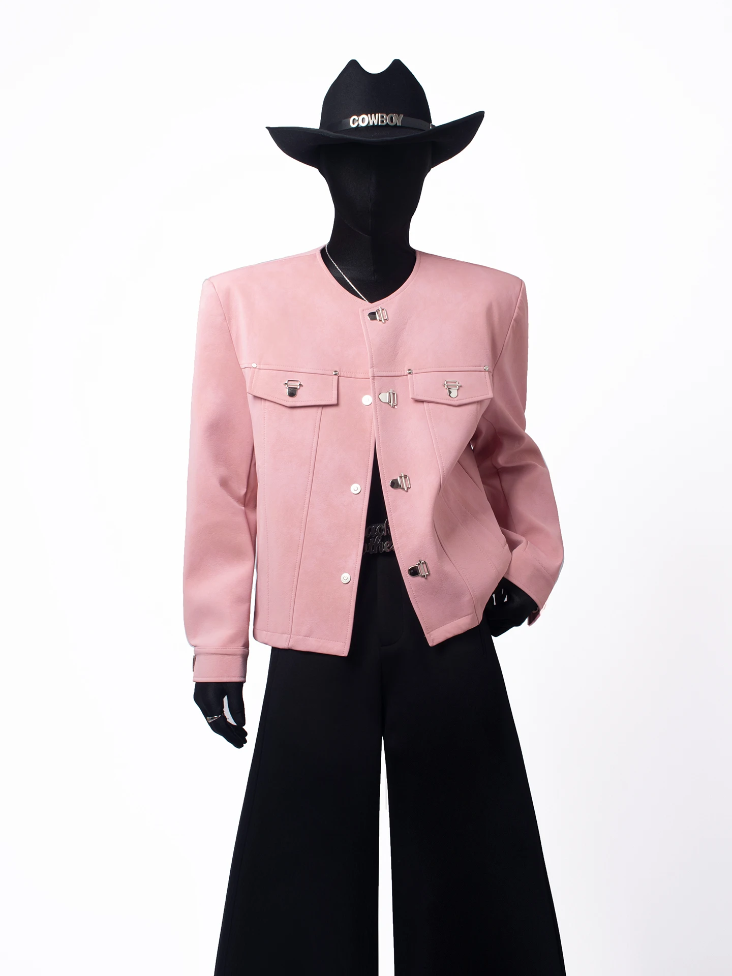 Pink Short Jacket Black Clothes Metal Buckle Shoulder Pad Long Sleeve No Collar Leather Design Sensation Fashion Urban Youth ...