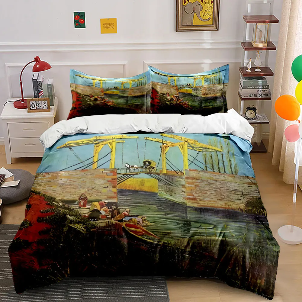 Washerwomen and Drawbridge Bedding Set for Kids Luxury Gift 3pcs Digital Print Comforter Set Soft Comfortable Breathable