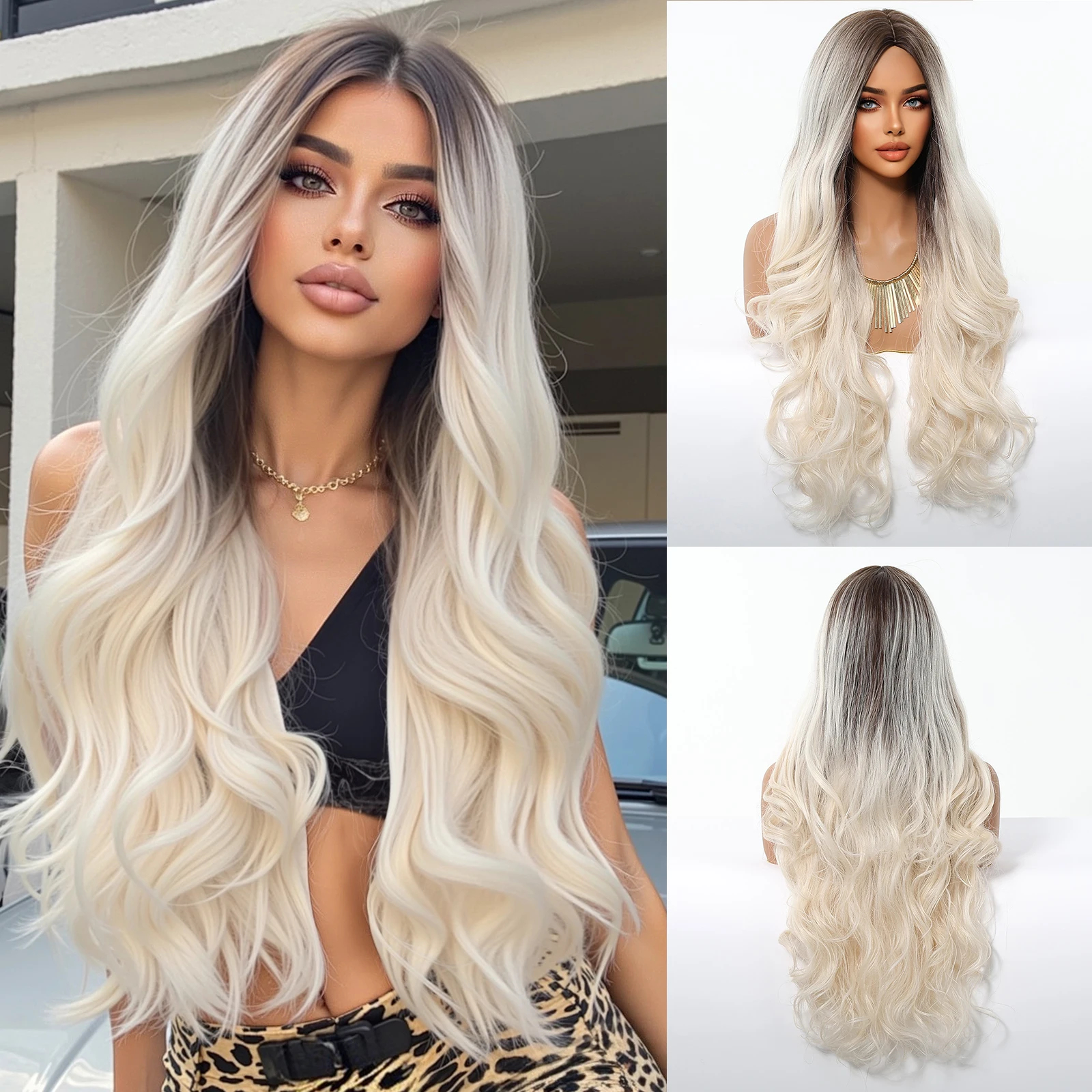 ALAN EATON Platinum Long Body Wavy Synthetic Wigs for Women Dark Root Hair Wigs Middle Part Heat Resistant Fiber Daily Use
