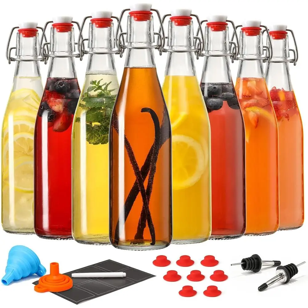 Set of 8 - 16 oz Glass Swing Top Bottles for Brewing, Fermentation, Kombucha, Mead, Kefir, Extracts, Juices, and More with Airti