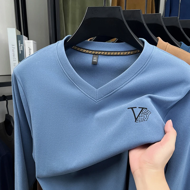 

Designer Original Men's V Neck Long Sleeve T-Shirt Soft Stretch Breathable Solid Tee Chest Letter Logo Casual Business Mens Wear
