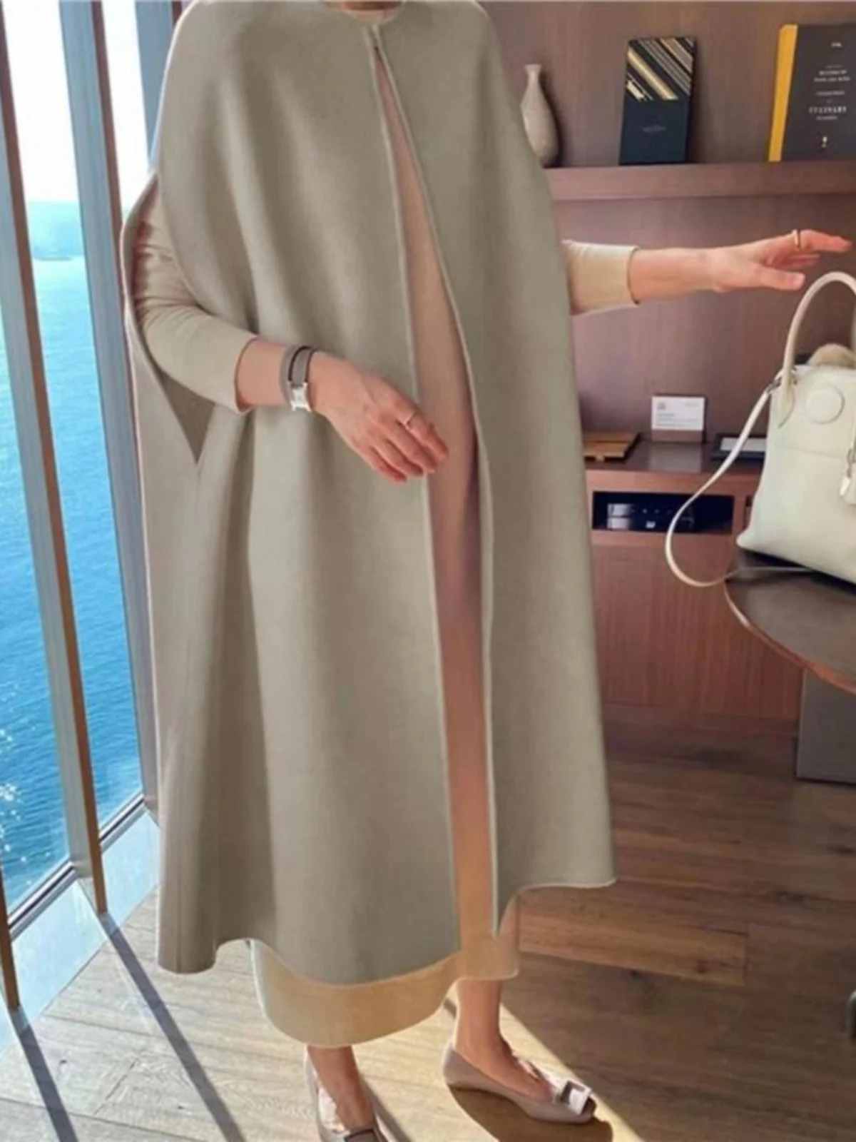 

Свободный кардиган средней длины Thiened round Ne Svel Cowl Ne, шерстяное пальто, корейское пальто для поездок на работу, чистый цвет