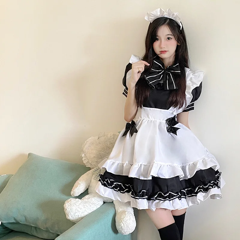 Cosplay Kostuums Zwart Meid Schattige Strik Knoop Anime Gothic Lolita Plus Size Japanse Kawaii Feestjurk Zwart Wit Koffie Serveerster