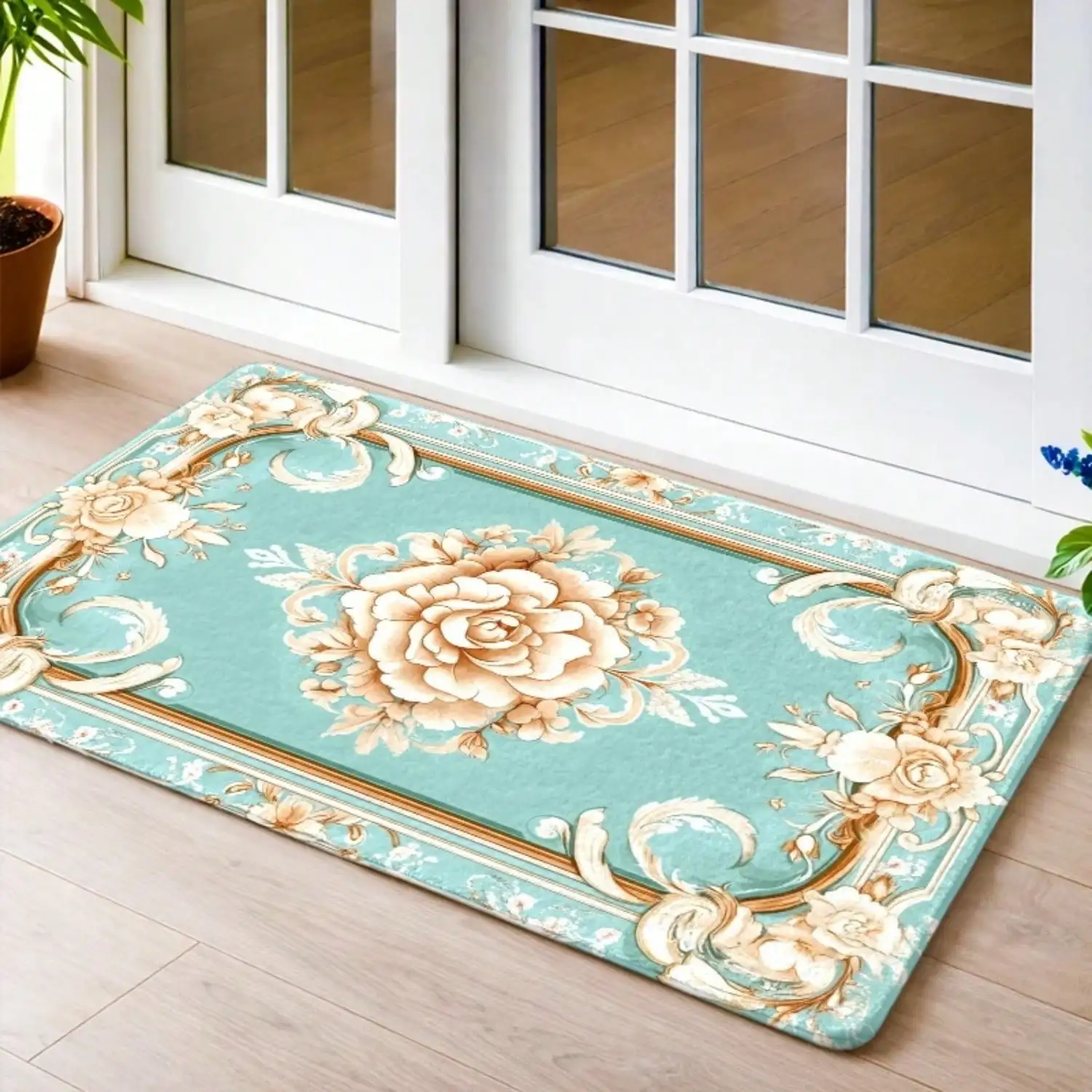 1pc, Vintage French Floral Non - Slip Mat, Flannel + Rubber Bottom Durable Stain - Resistant Machine - Washable, Universal For Bedroom, Living Room, Office