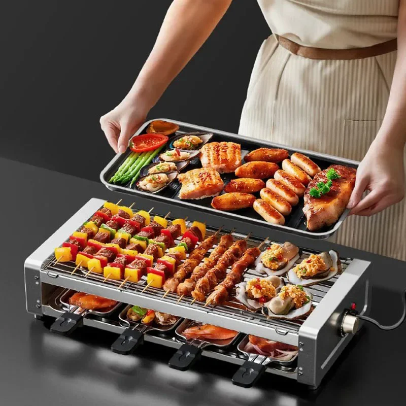 Double Layer Electric Grill Adjustable Temperature Indoor Smokeless BBQ Grilling Machine for Home Skewer Meat Roasting