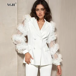 VGH Temperament Patchwork Mesh Blazers For Women Notched Collar Long Sleeve Spliced Double Breasted Elegant Soild Blazer Female