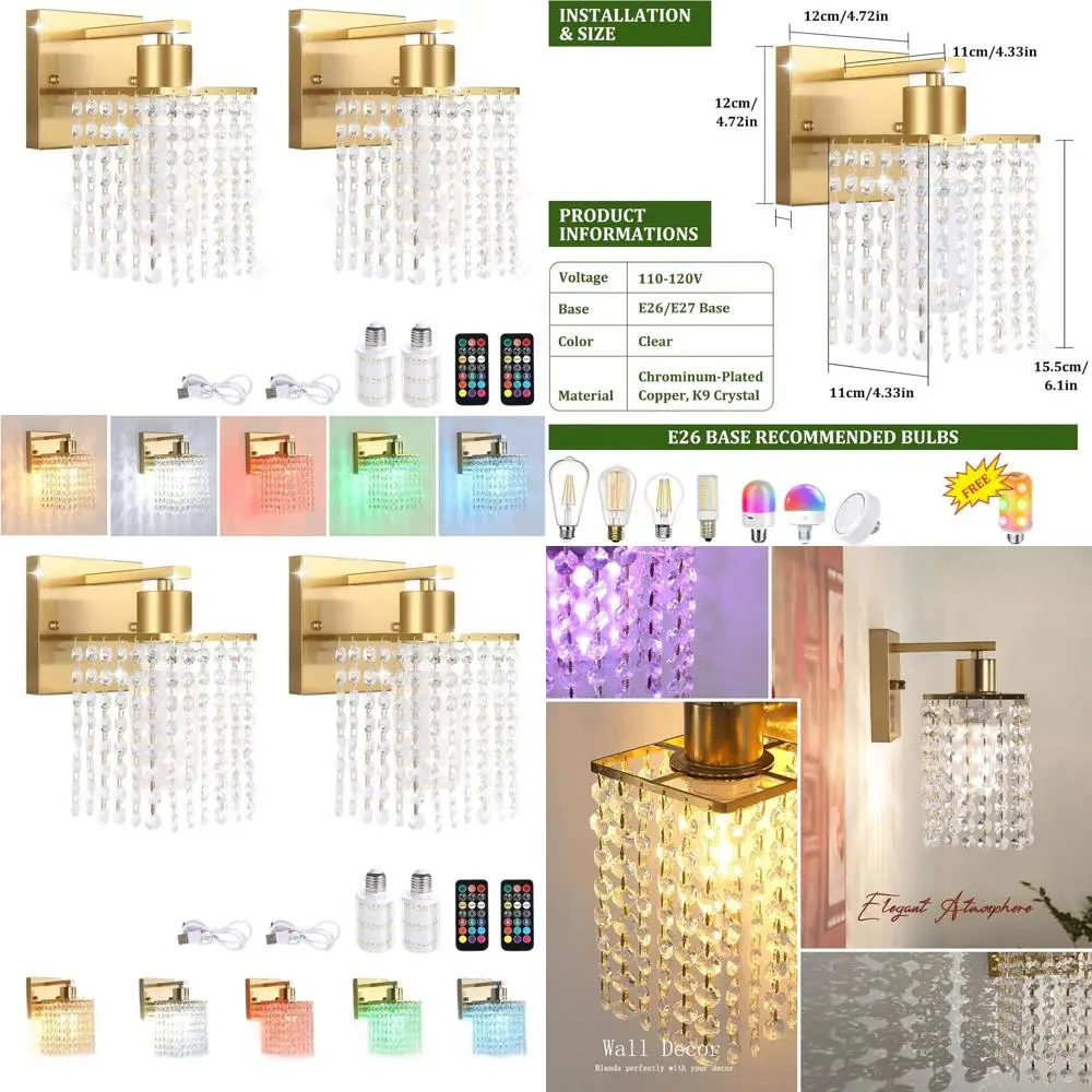 

Pair of Crystal Battery-Powered Wall Sconces with 5200mAh Rechargeable Battery and Remote, Modern Dimmable Wall Lights for Home