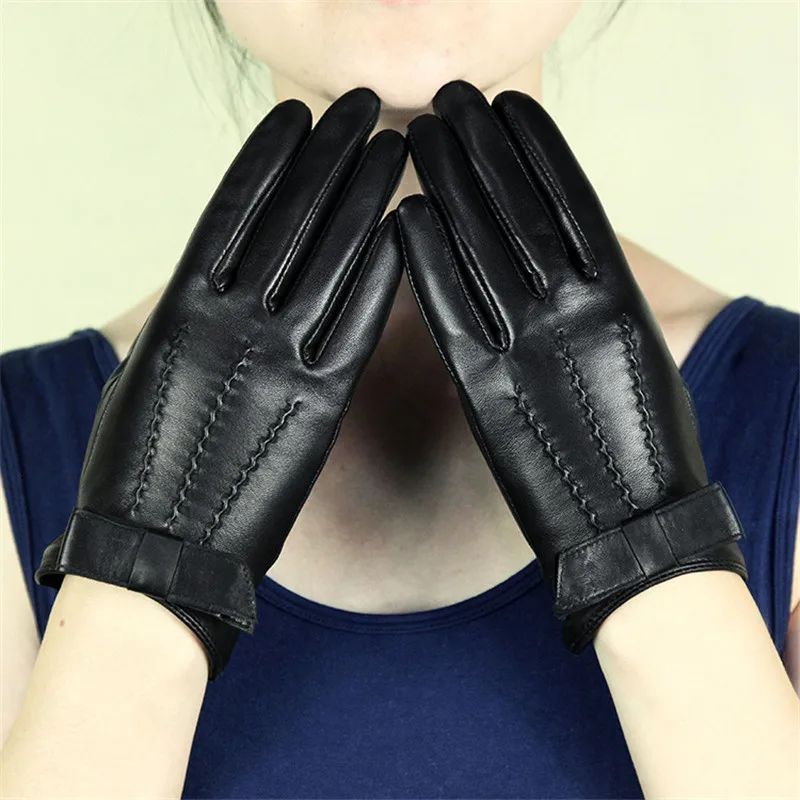 

Real Leather Women Gloves Wrist Butterfly Knots Fashion Black Driving Sheepskin Gloves Female Two Lining Optional WF1602