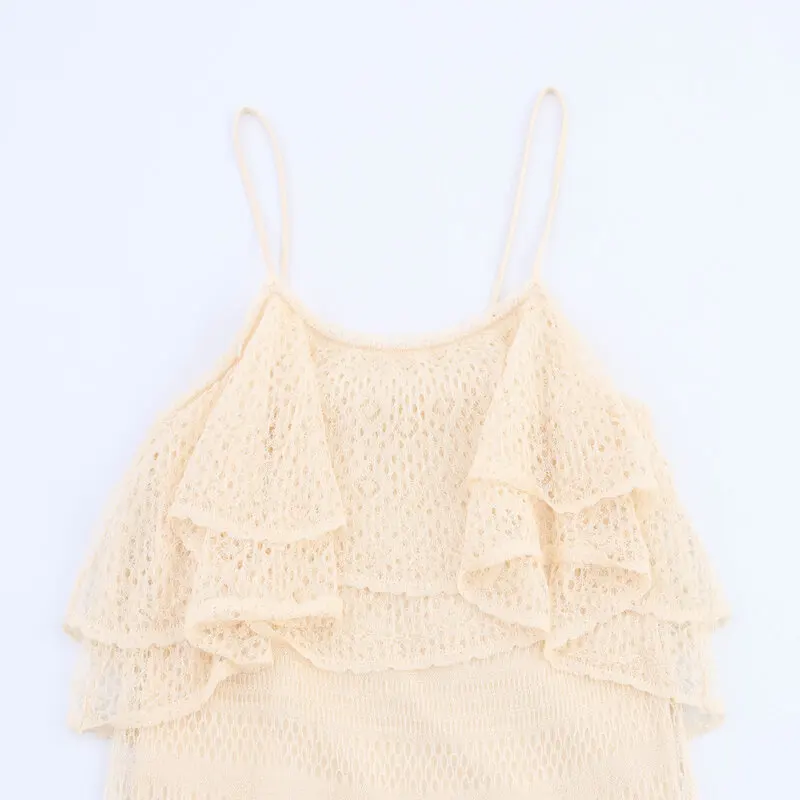 Vestido de Malha F Novo Lançamento de Verão com Camadas Decorativas e Bordado em Tule 2025 E Sem Mangas com Decote